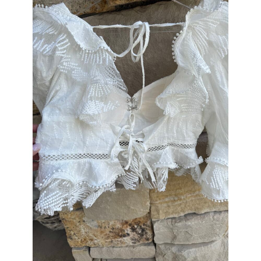 Elaborate Mulla White Ruffle Lace Corset Blouse Statement Top - Picture 14 of 15